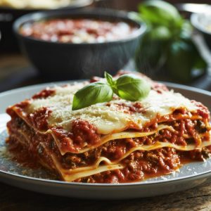 Beef lasagne pasta dish with basil and parmesan - Manchester Catering Company
